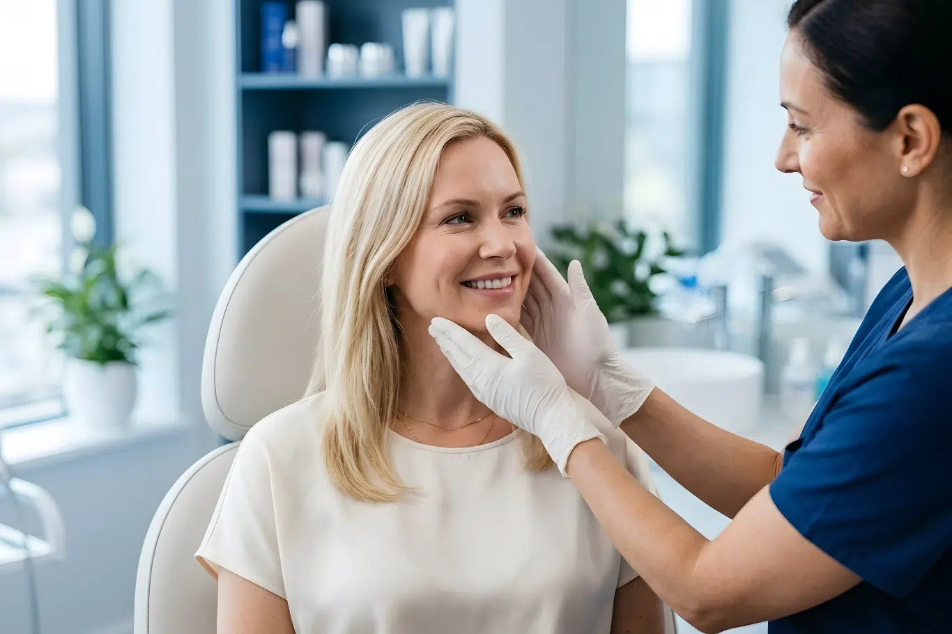 Smiling woman receiving consultation from professional in medspa setting